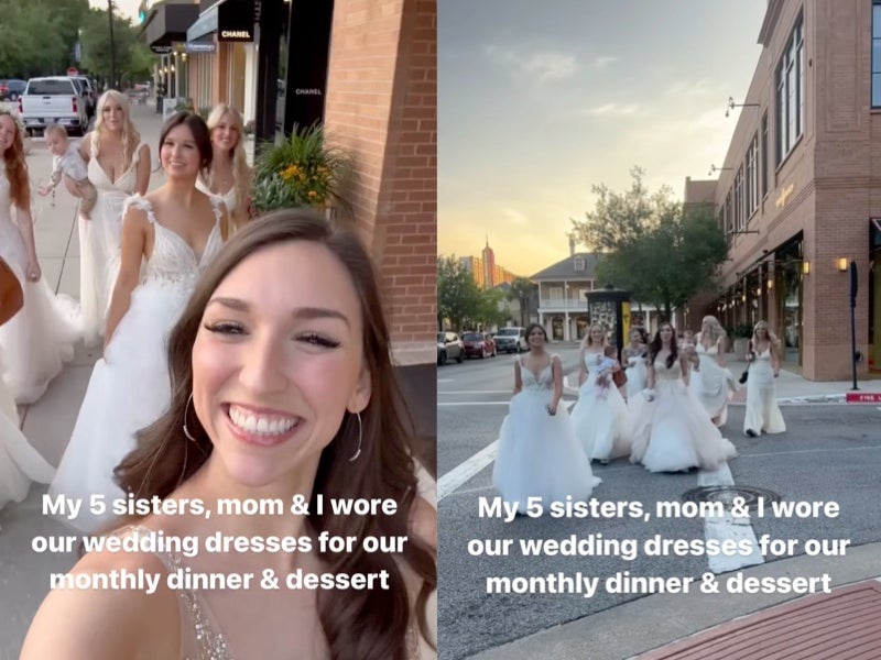 Mother and six daughters wear their wedding dresses out to dinner